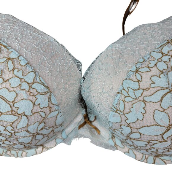 Victoria's Secret Dream Angels Push Up Bra Blue Gold 36DD Underwire Plunge Lace - Picture 2 of 11